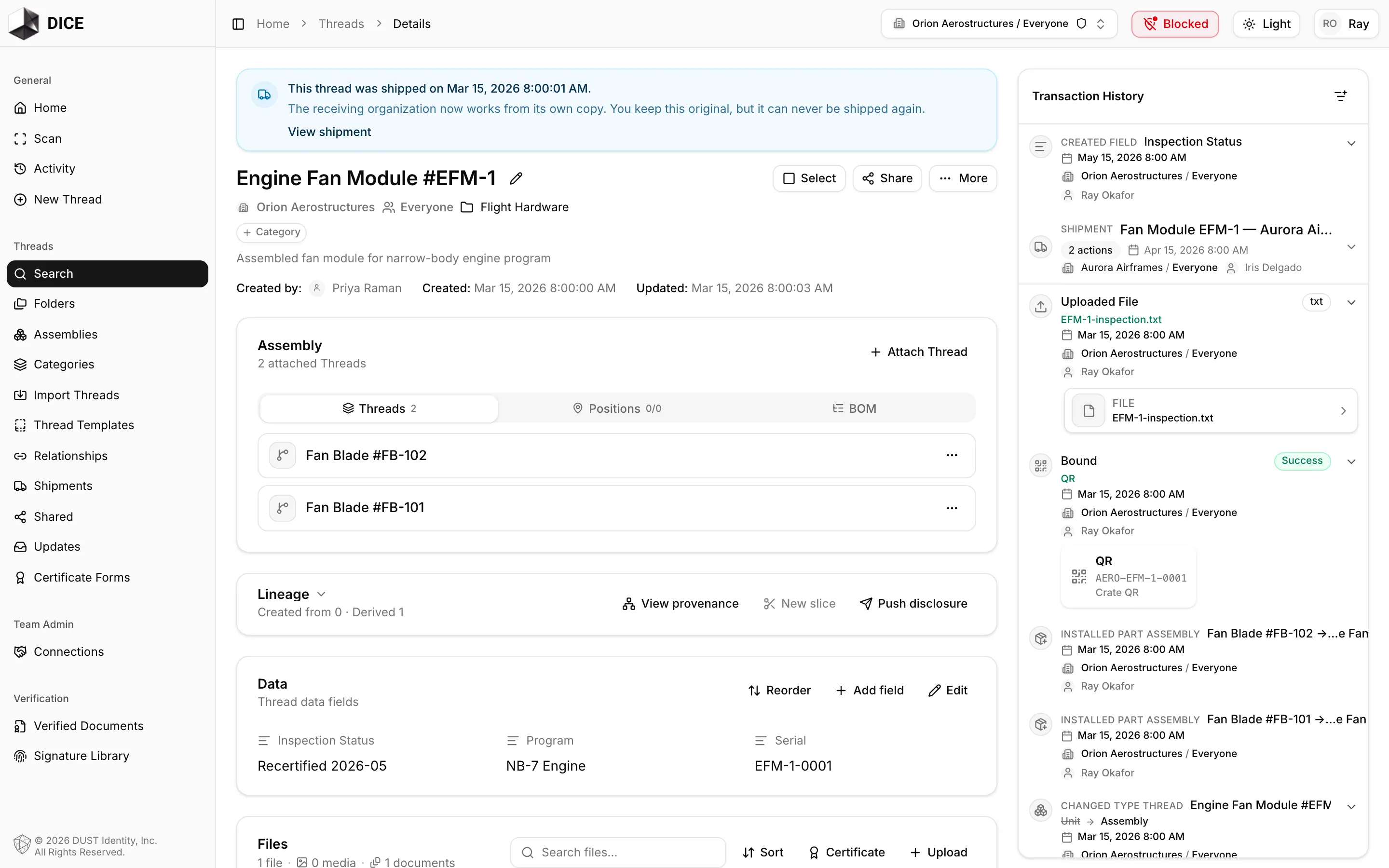 An assembly thread's detail page with an Assembly card listing its two attached part threads