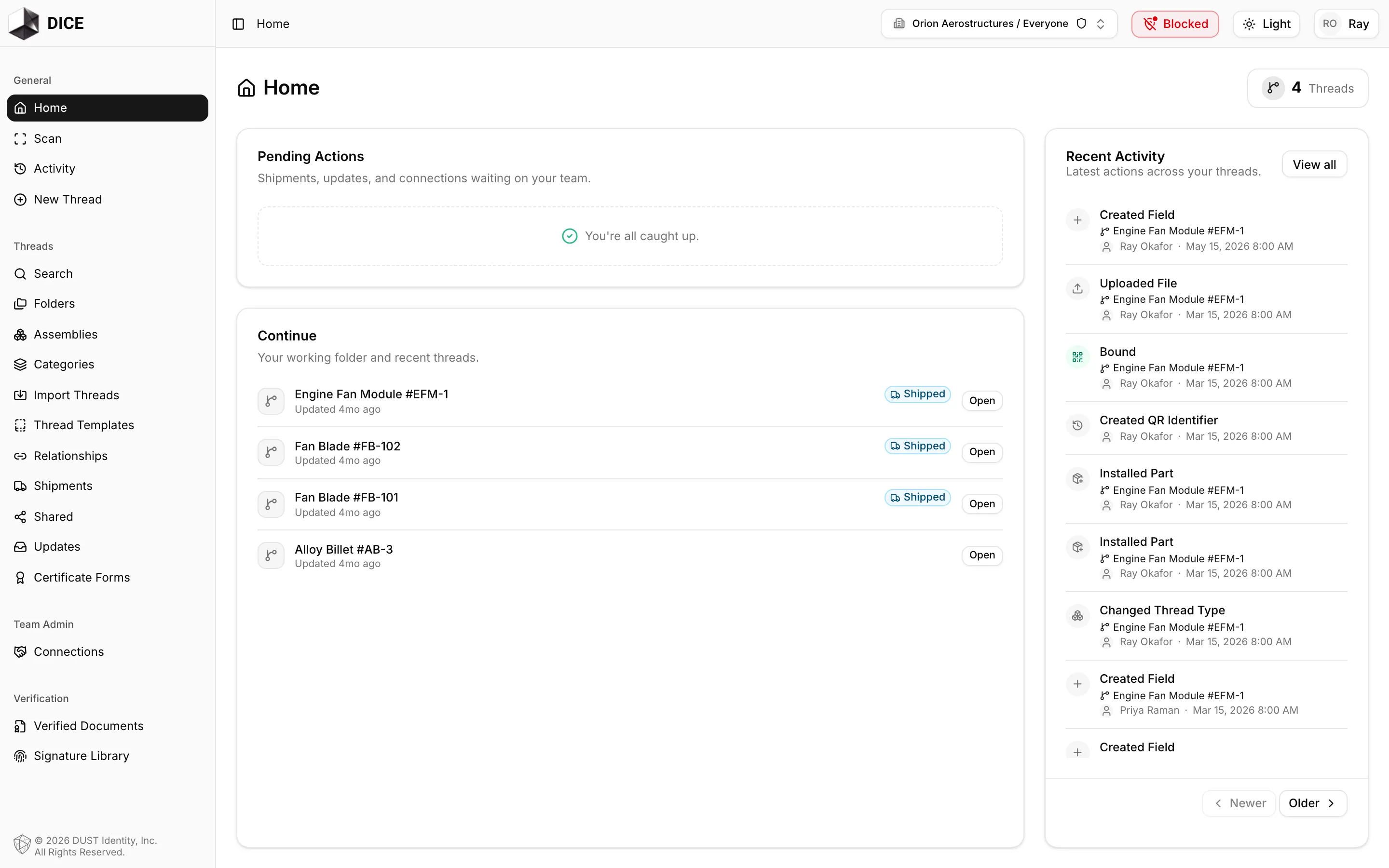 The DICE Home page after signing in, showing pending actions, recent threads, and the activity feed