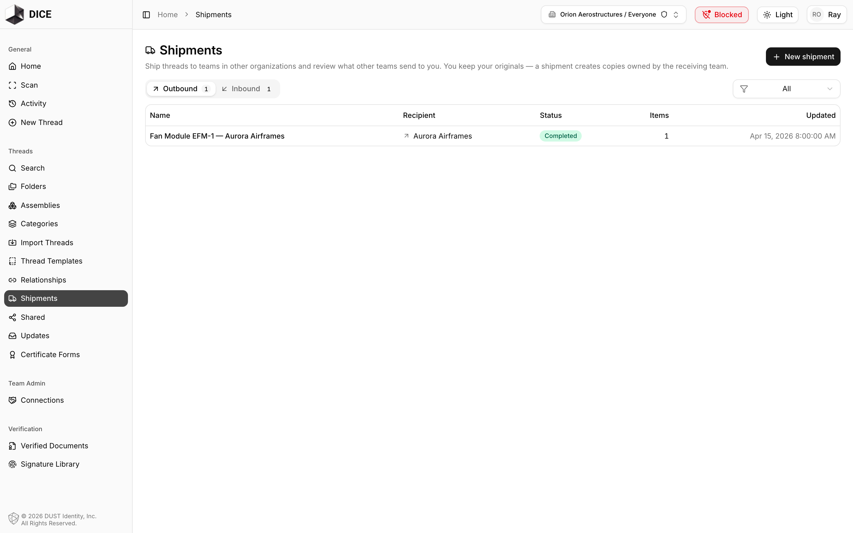 The Shipments page on the Outbound tab, listing each shipment with its recipient team, status badge, and number of items in the manifest