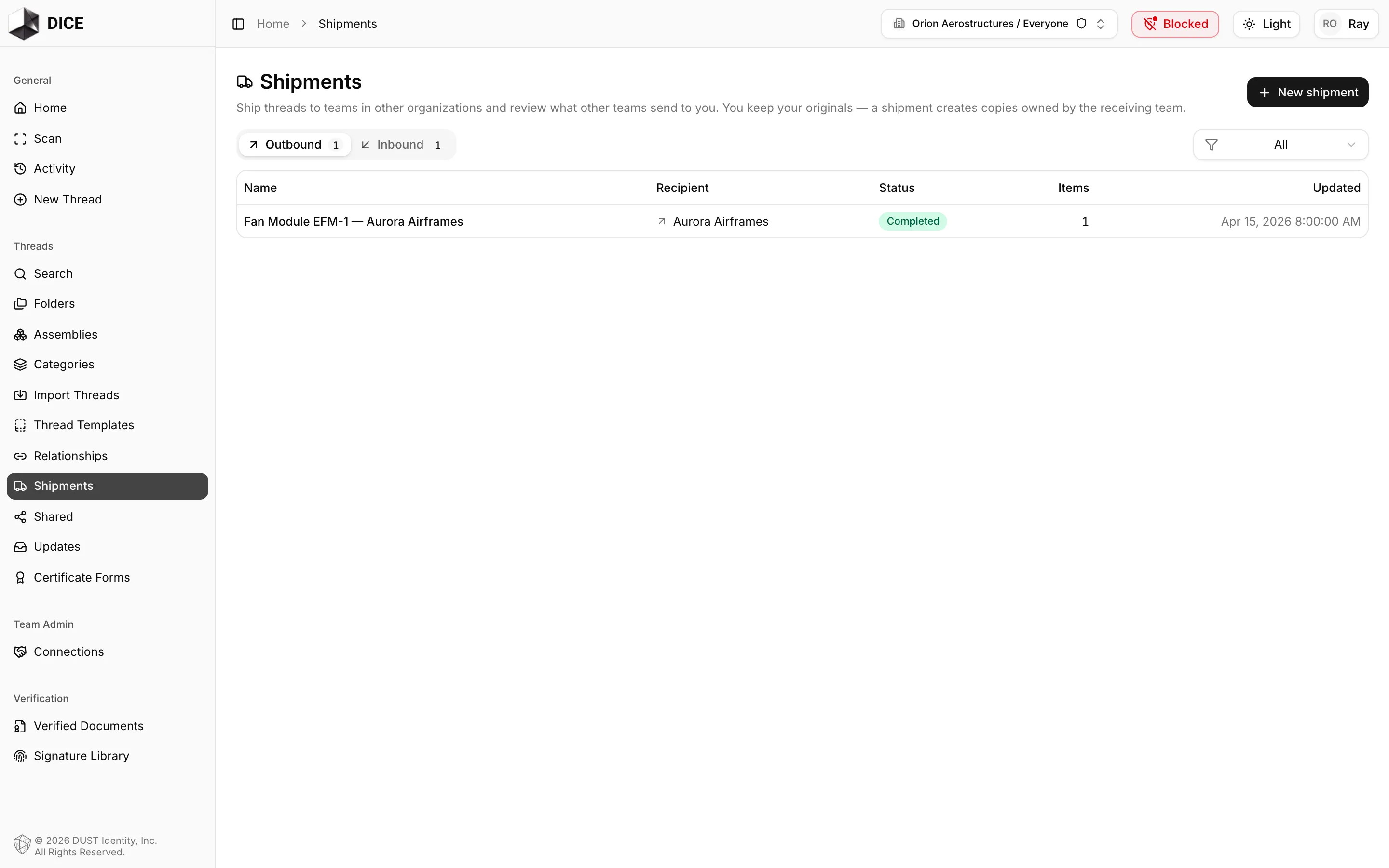The Shipments page on the Outbound tab with a draft shipment listing its recipient, status, and item count