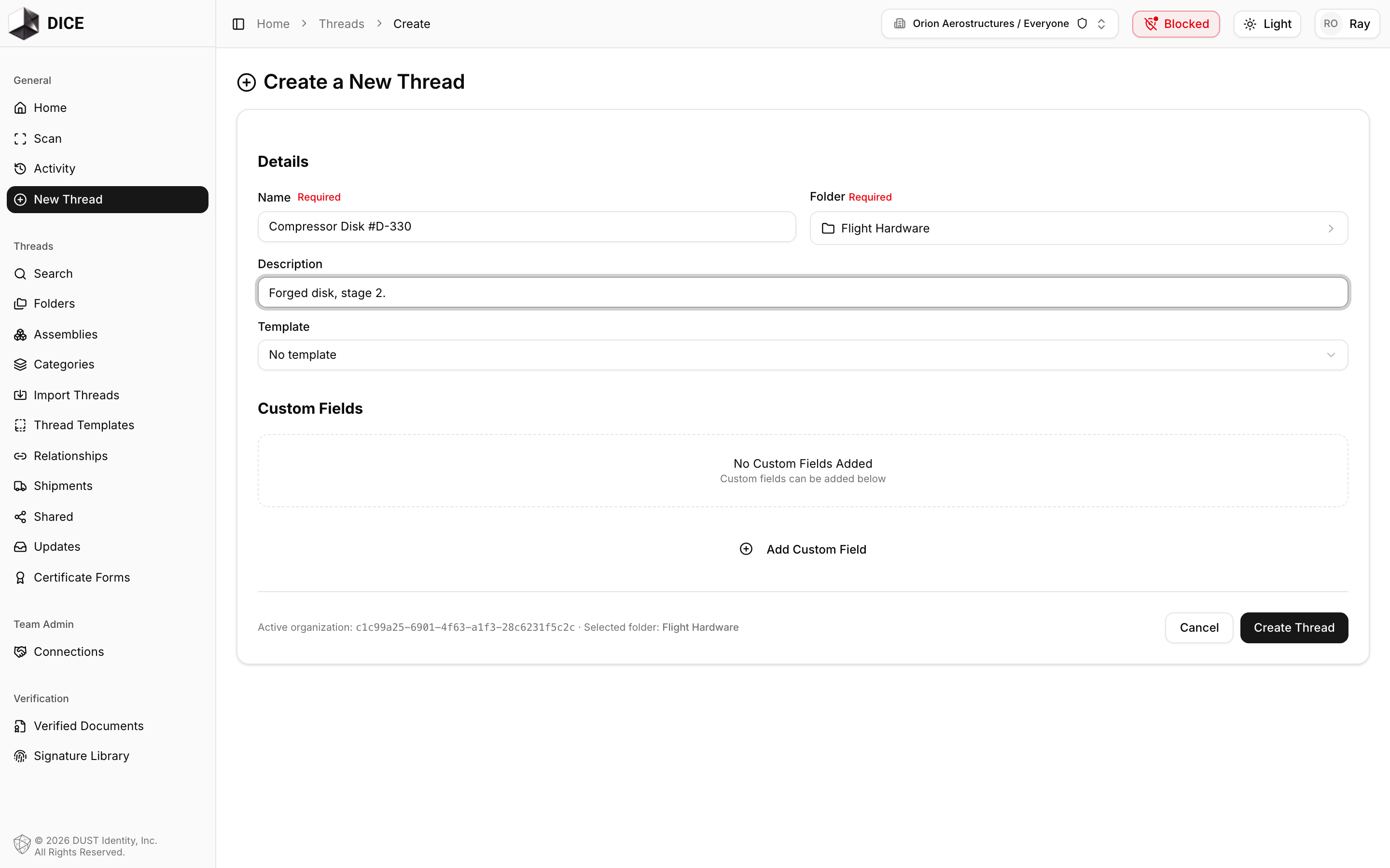 The Create a New Thread form with the Name field filled in, a Description, and a folder chosen in the Folder picker
