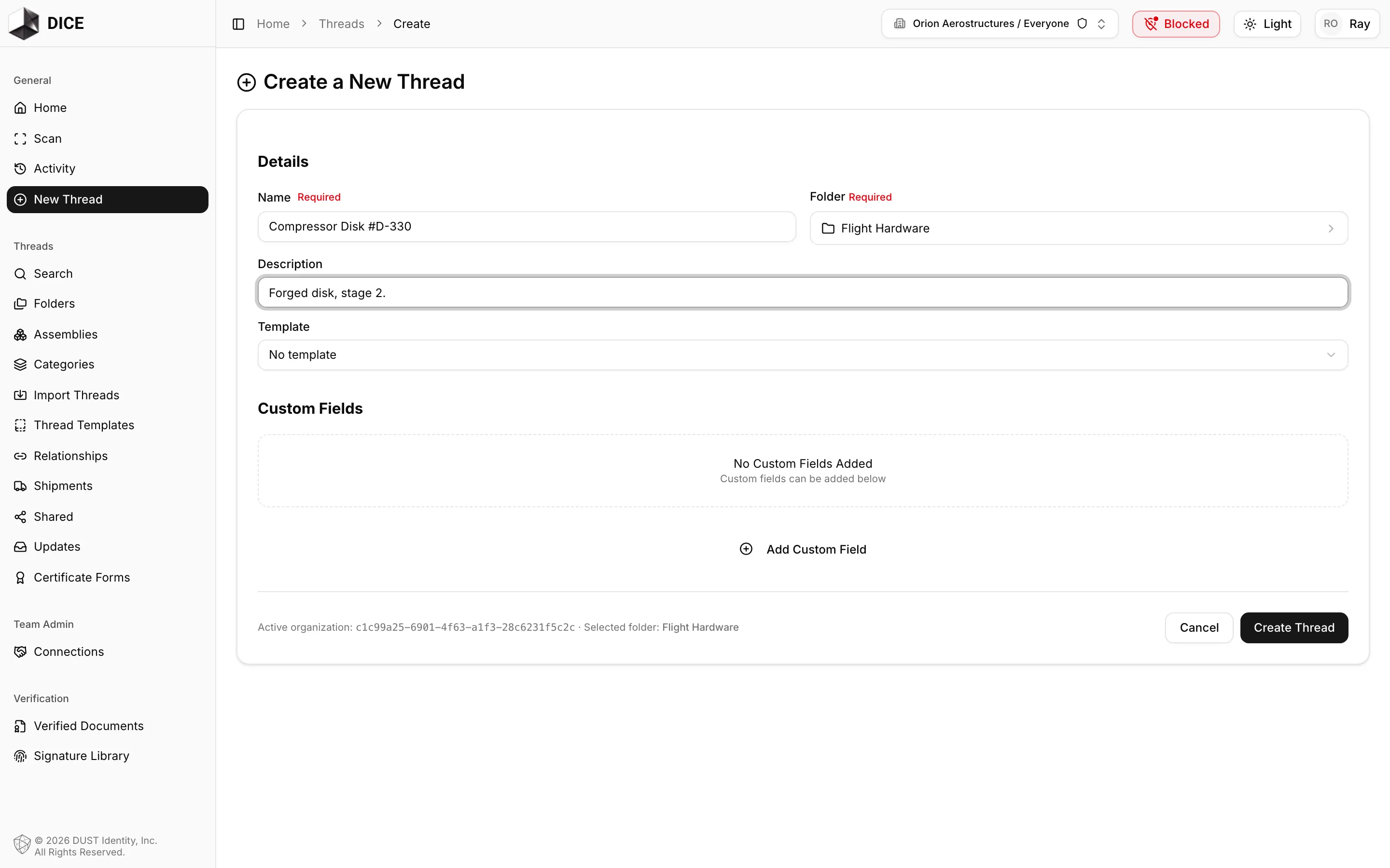 The New Thread form with a name and description filled in and a folder selected
