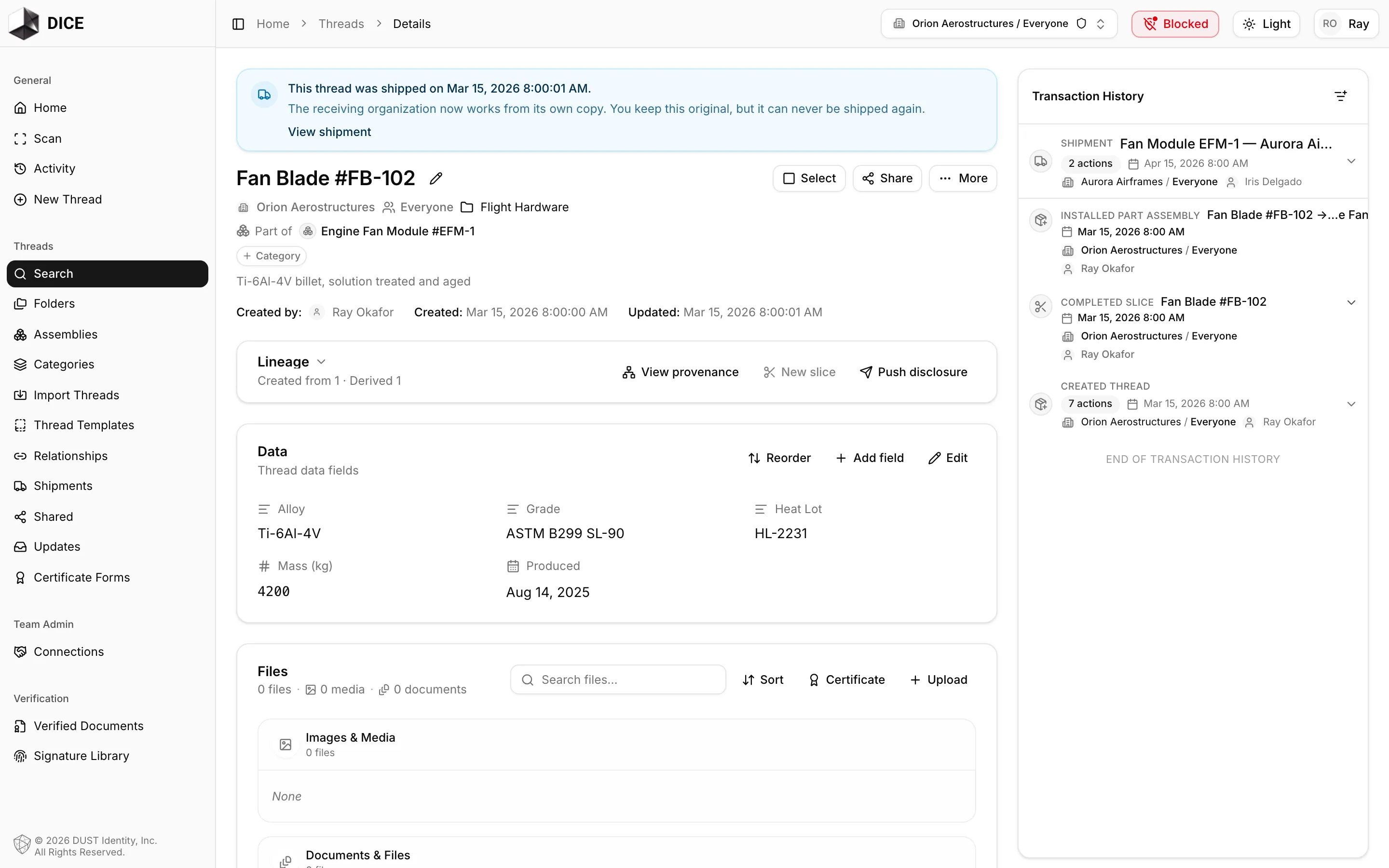 A thread detail page showing data fields, an assembly membership, a bound QR identifier, and the transaction history