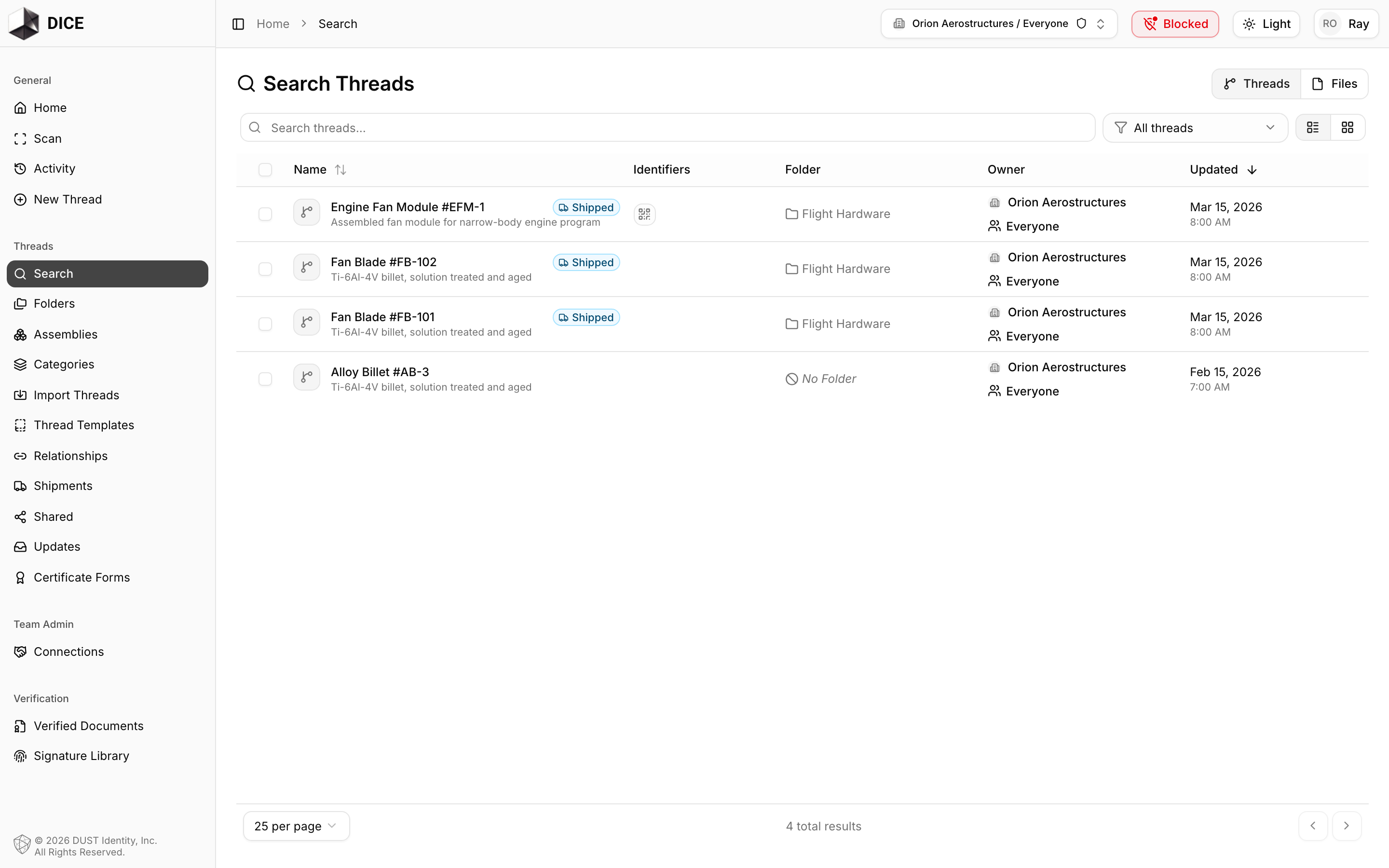 The Search Threads page listing threads with their identifiers, folder, owner, and last update