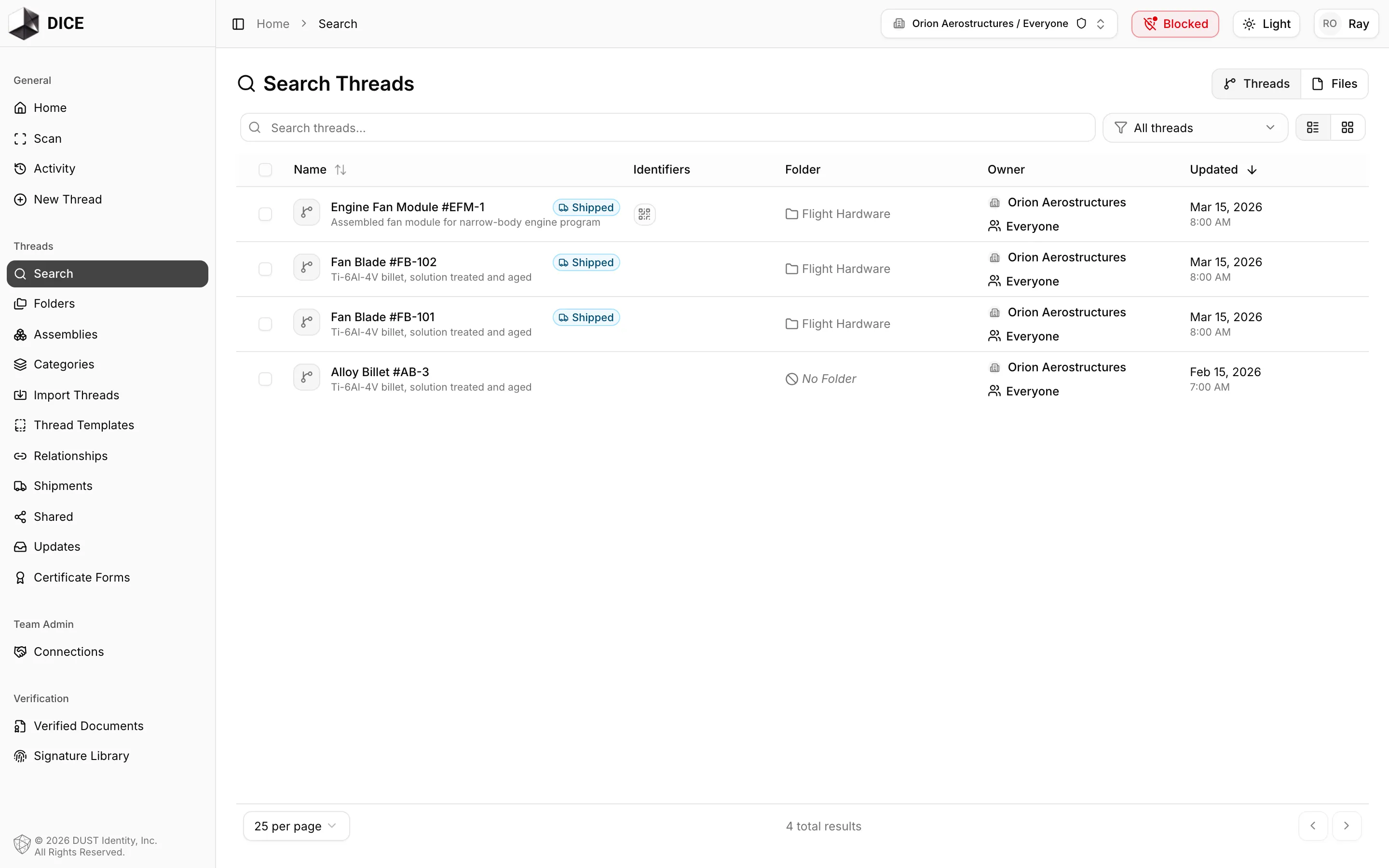 The Search Threads page listing threads with their identifiers, folder, owner, and last update